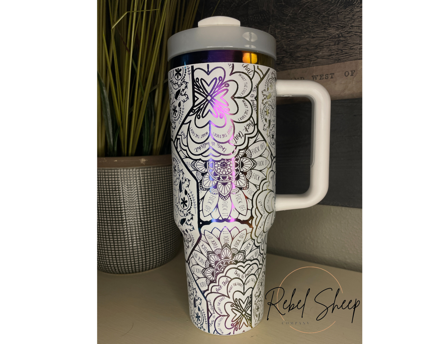 40 oz. Tumbler with Handle Laser Engraved Mandal Cuss Word White on Rainbow