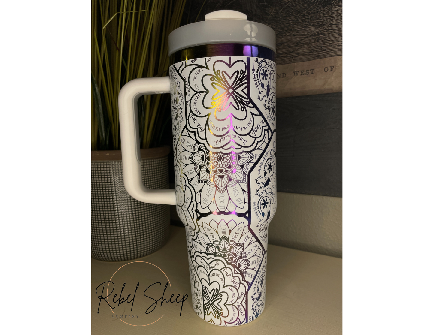 40 oz. Tumbler with Handle Laser Engraved Mandal Cuss Word White on Rainbow