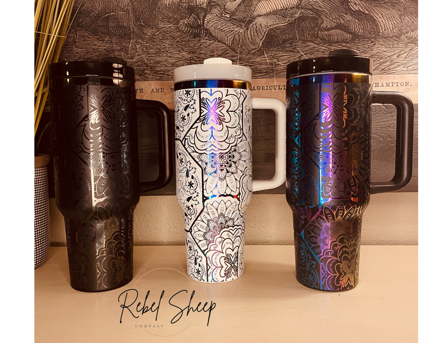 40 oz. Tumbler with Handle Laser Engraved Mandal Cuss Word White on Rainbow