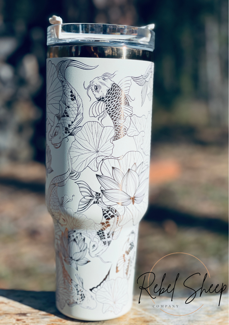 40 oz. Tumbler with Handle Laser Engraved with Koi Fish