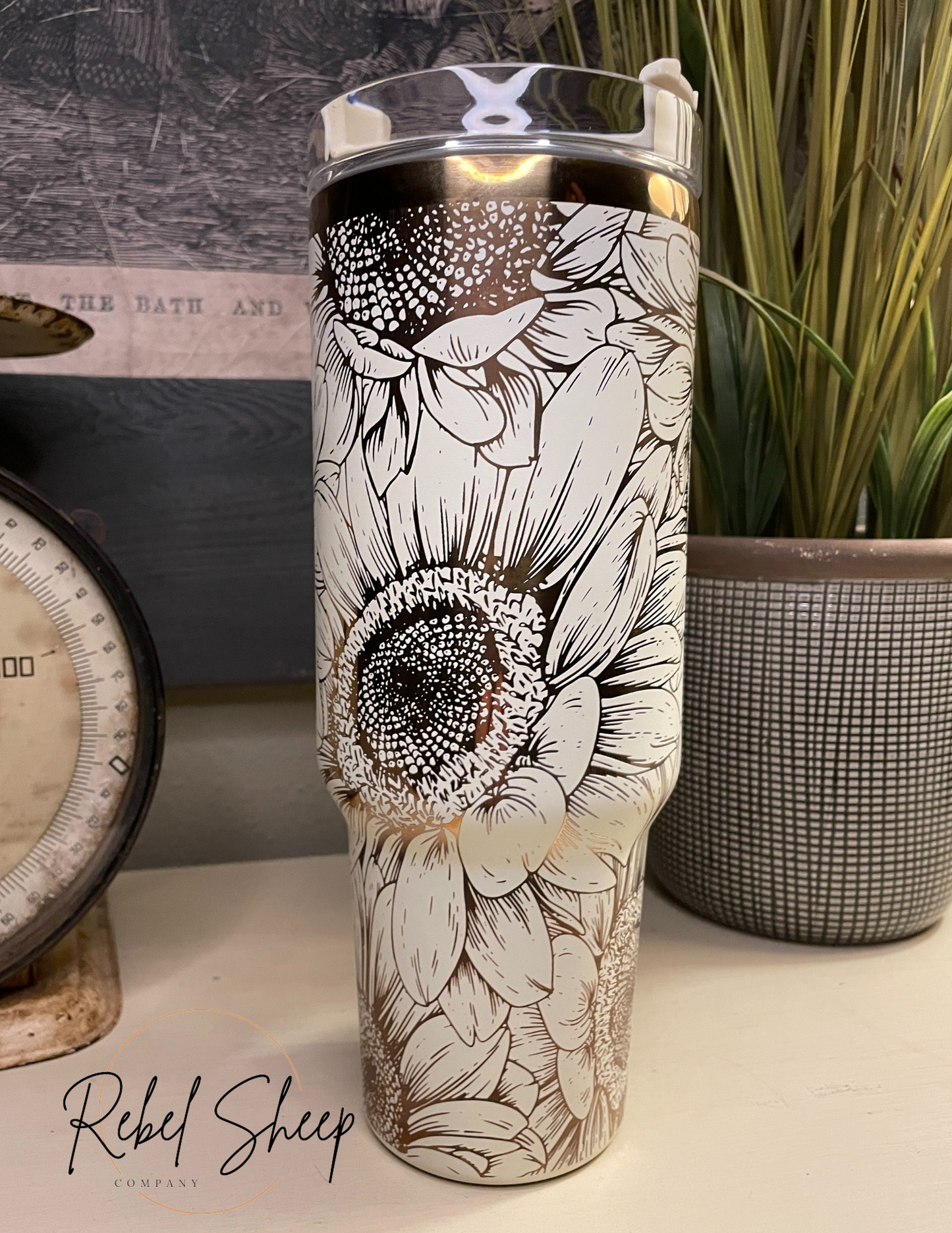 40 oz. Tumbler with Handle Laser Engraved with Sunflowers