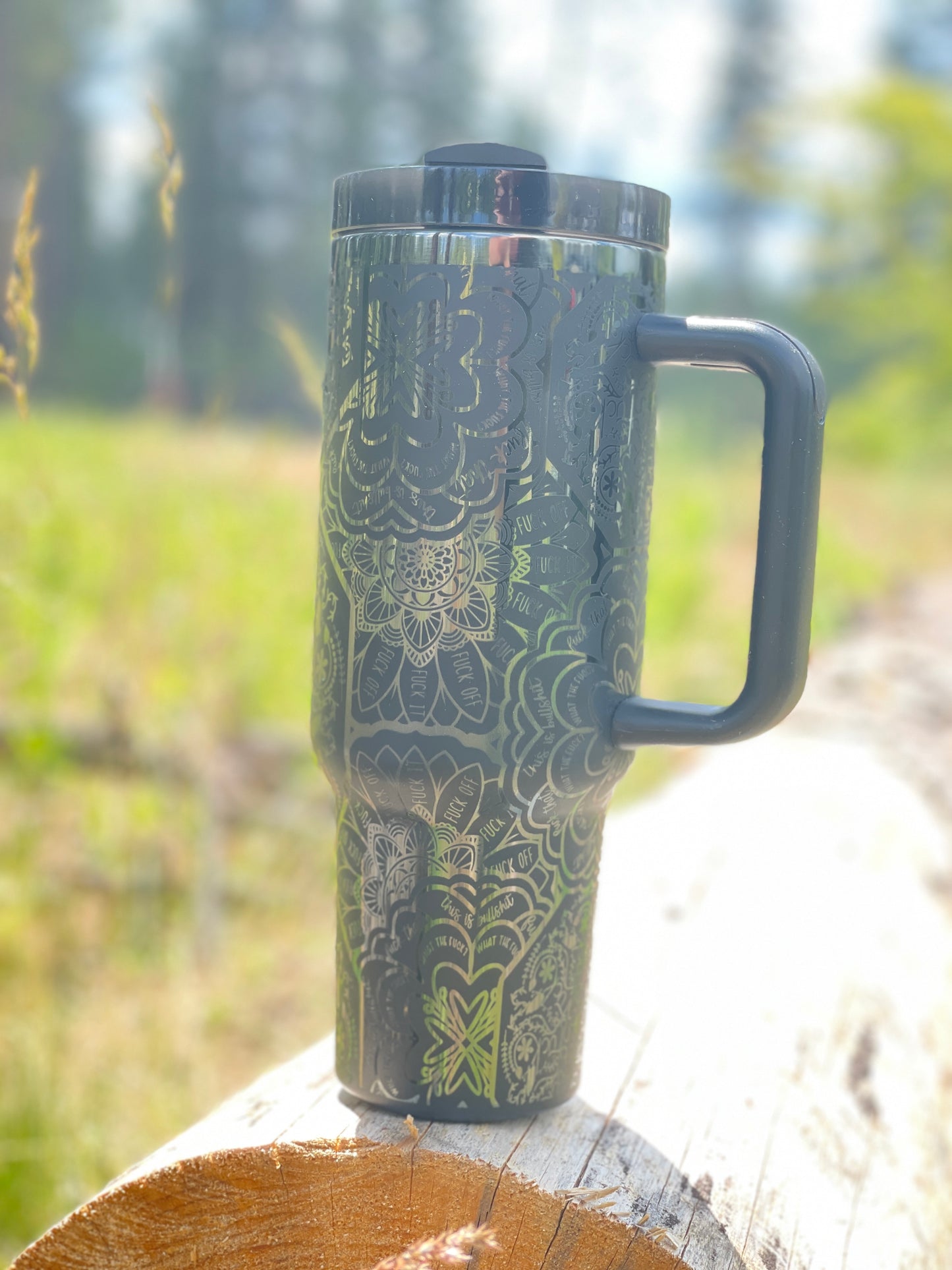 40 oz. Tumbler with Handle Laser Engraved Mandala Cuss Word Black on Black