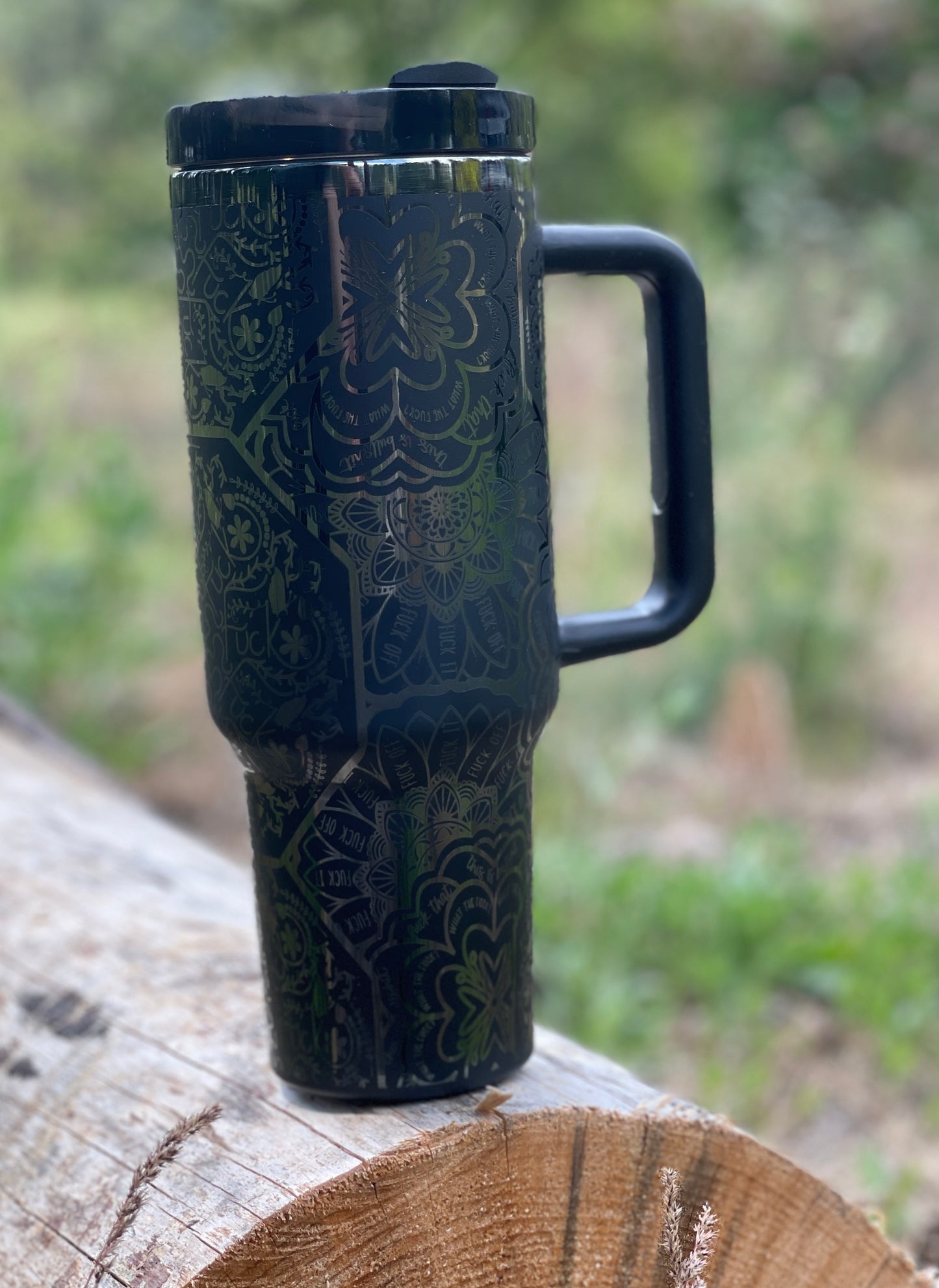 40 oz. Tumbler with Handle Laser Engraved Mandala Cuss Word Black on Black