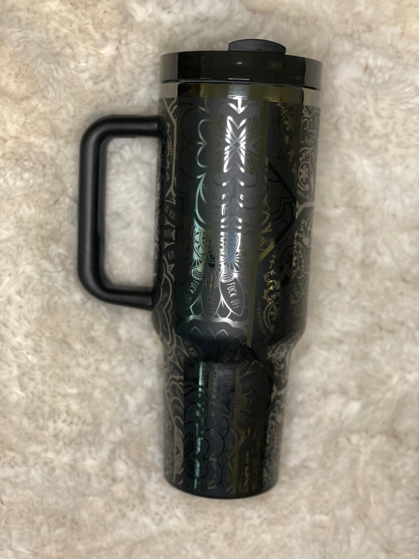 40 oz. Tumbler with Handle Laser Engraved Mandala Cuss Word Black on Black