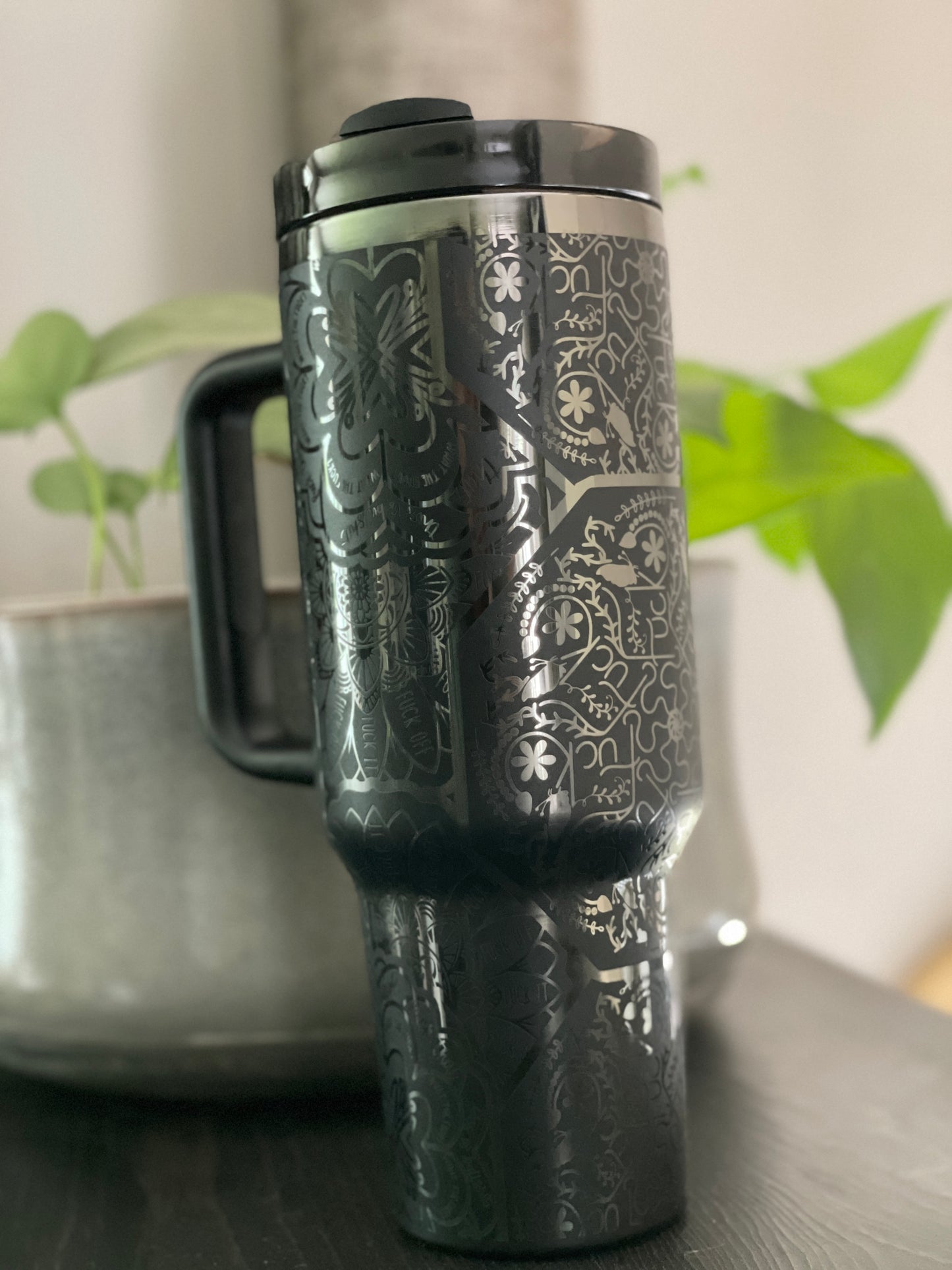 40 oz. Tumbler with Handle Laser Engraved Mandala Cuss Word Black on Black