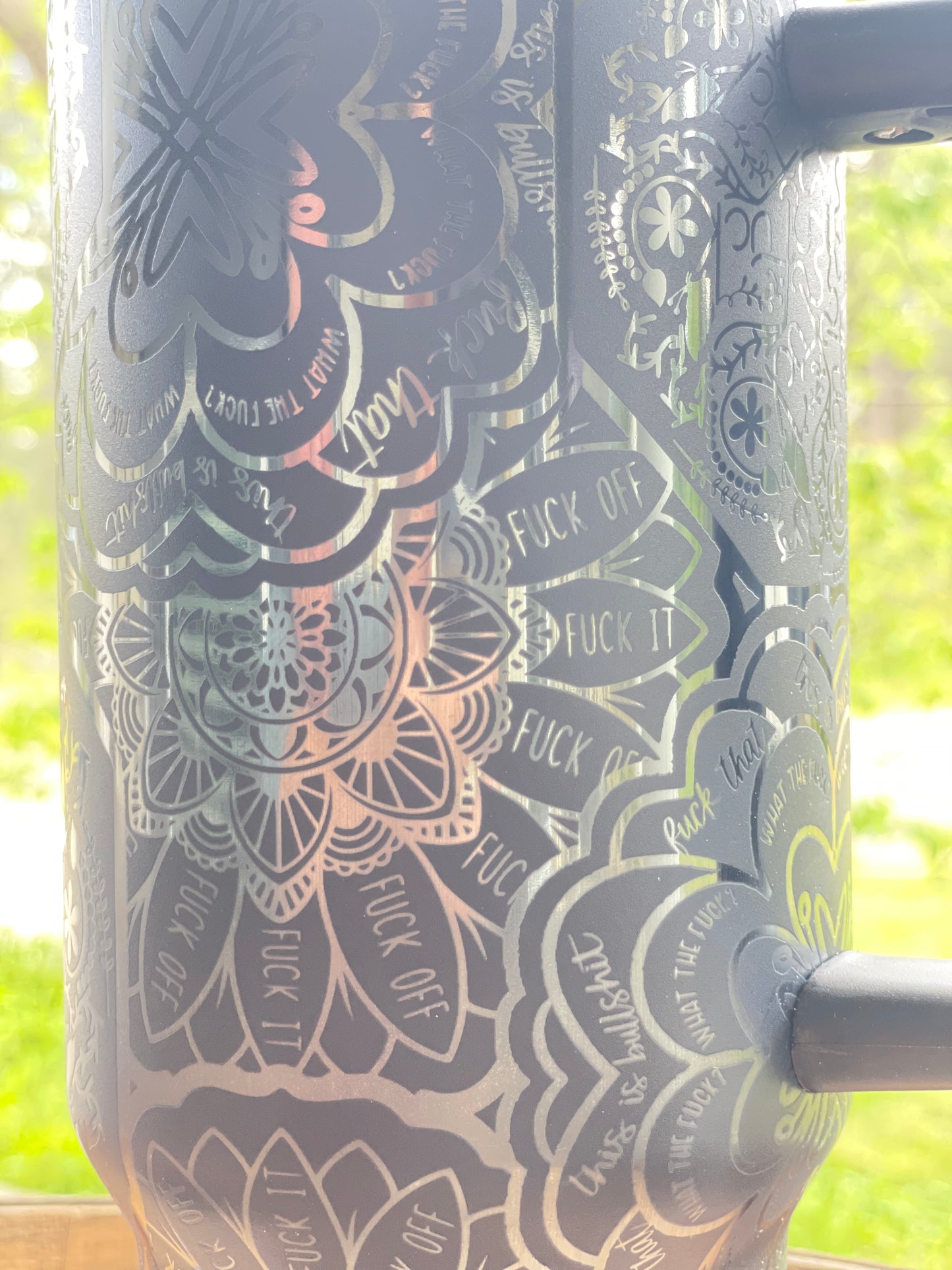 40 oz. Tumbler with Handle Laser Engraved Mandala Cuss Word Black on Black