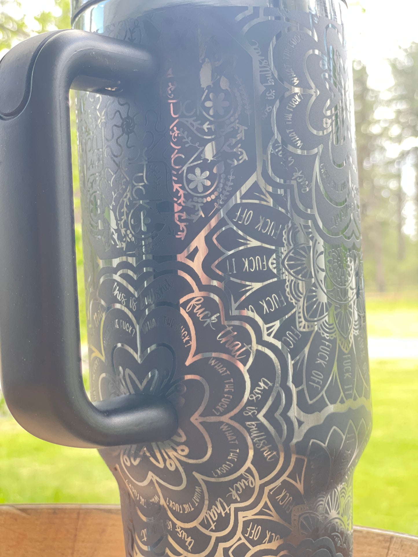 40 oz. Tumbler with Handle Laser Engraved Mandala Cuss Word Black on Black