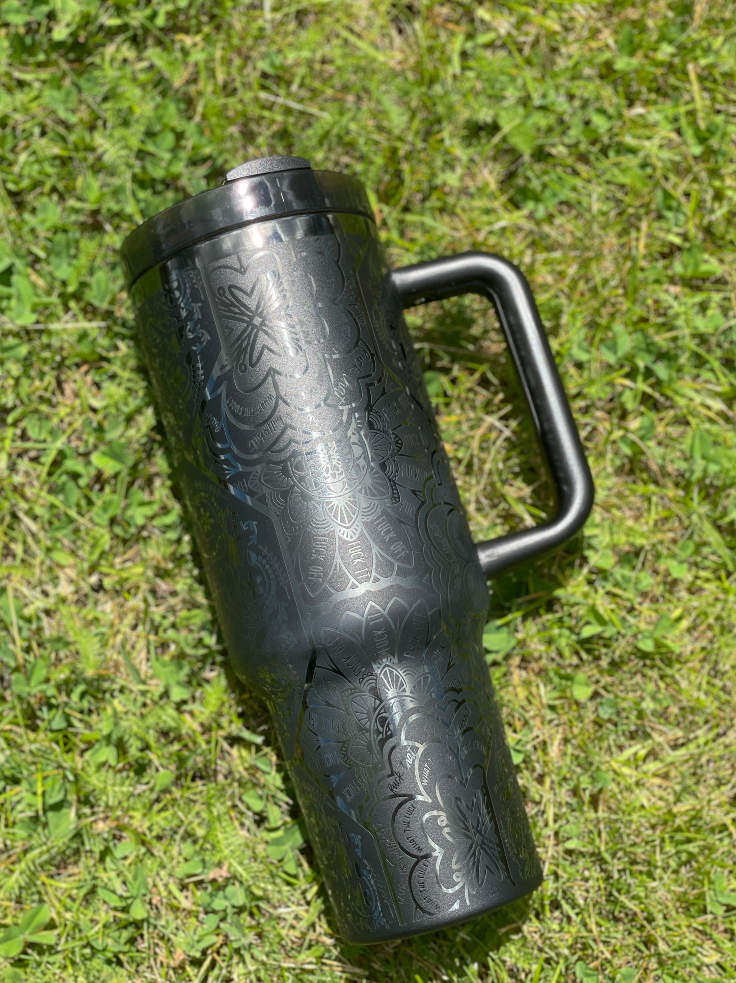 40 oz. Tumbler with Handle Laser Engraved Mandala Cuss Word Black on Black