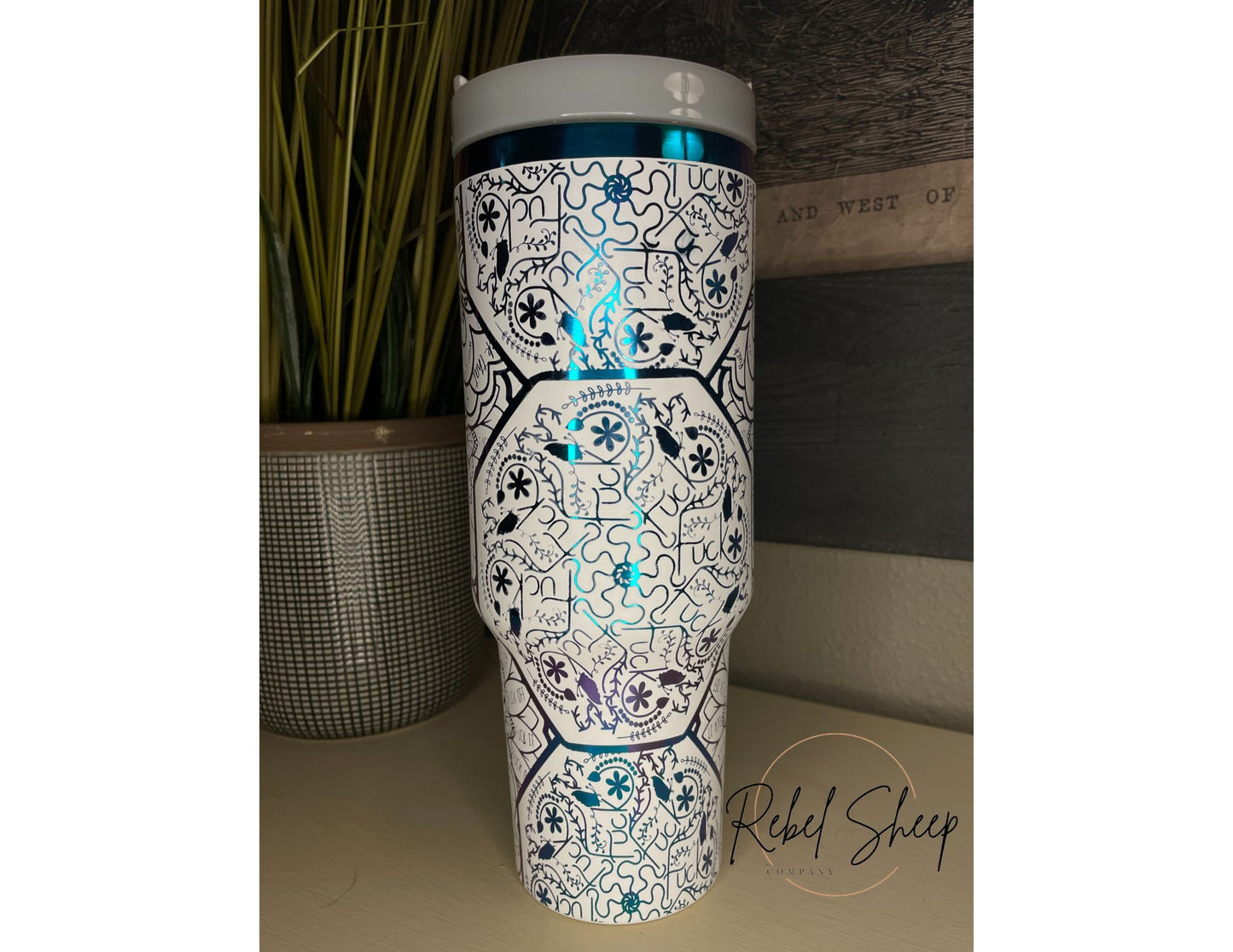 40 oz. Tumbler with Handle Laser Engraved Mandal Cuss Word White on Rainbow