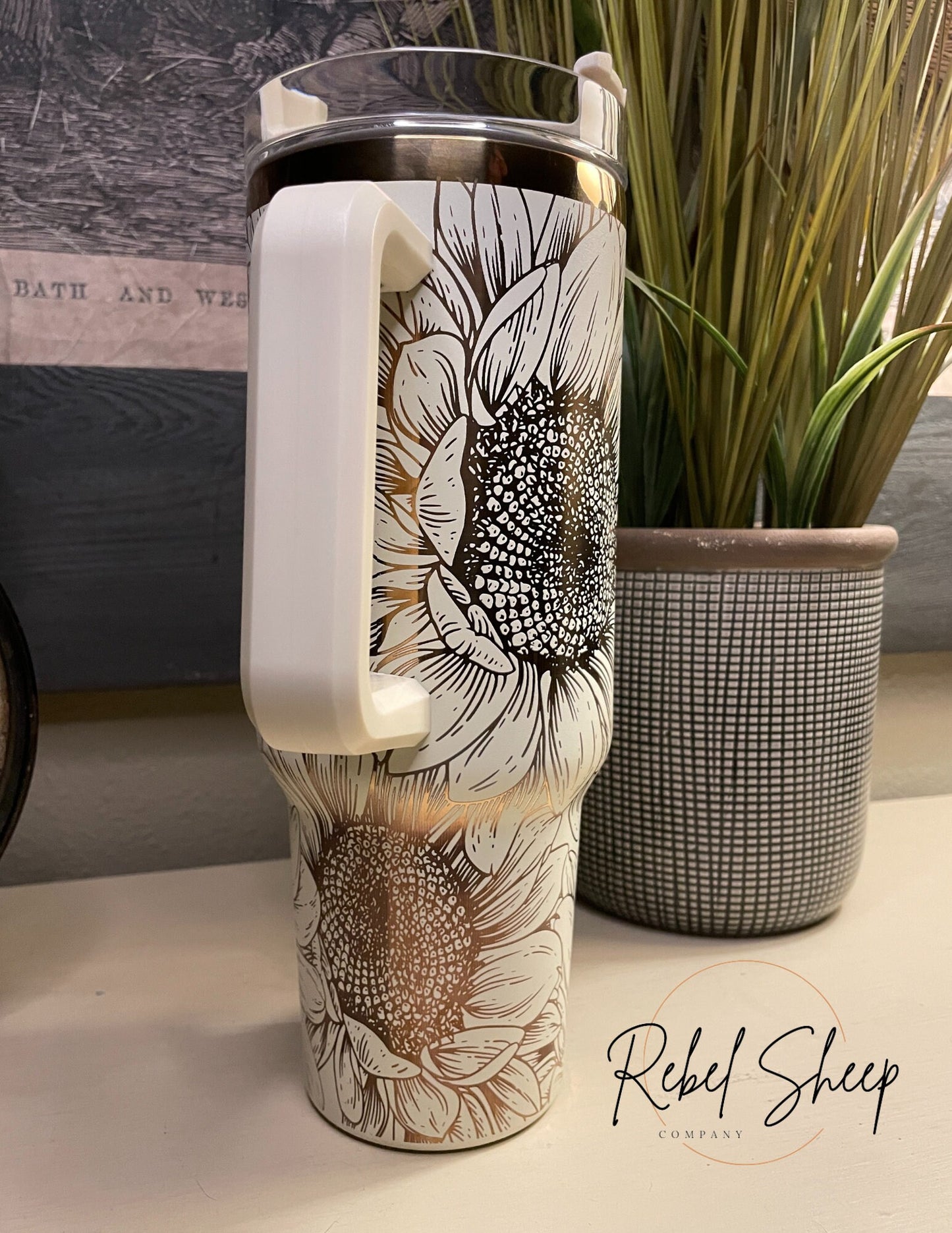 40 oz. Copper/Cream Tumbler with Handle Laser Engraved with Sunflowers