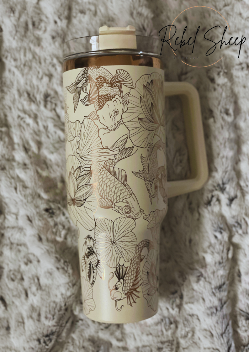 40 oz. Copper/Cream Tumbler with Handle Laser Engraved with Koi Fish