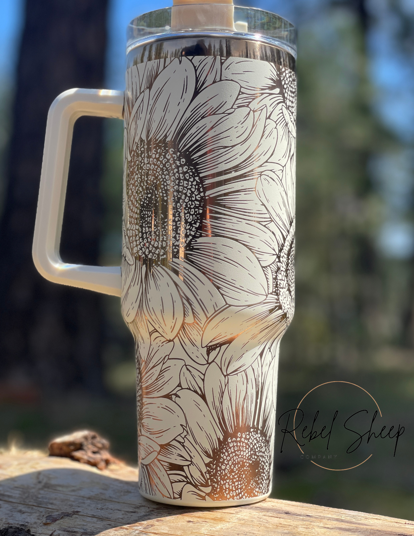 40 oz. Tumbler with Handle Laser Engraved with Sunflowers