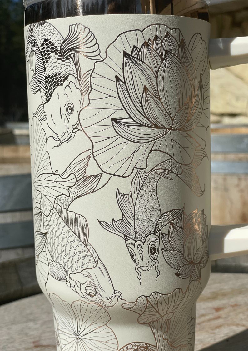 40 oz. Copper/Cream Tumbler with Handle Laser Engraved with Koi Fish