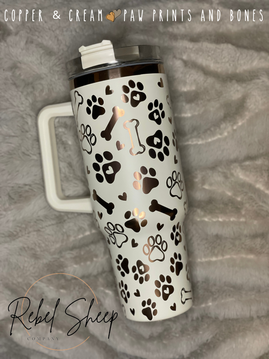 40 oz. Copper/Cream Tumbler | Paw Prints and Bones