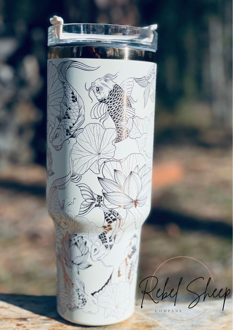 40 oz. Copper/Cream Tumbler with Handle Laser Engraved with Koi Fish