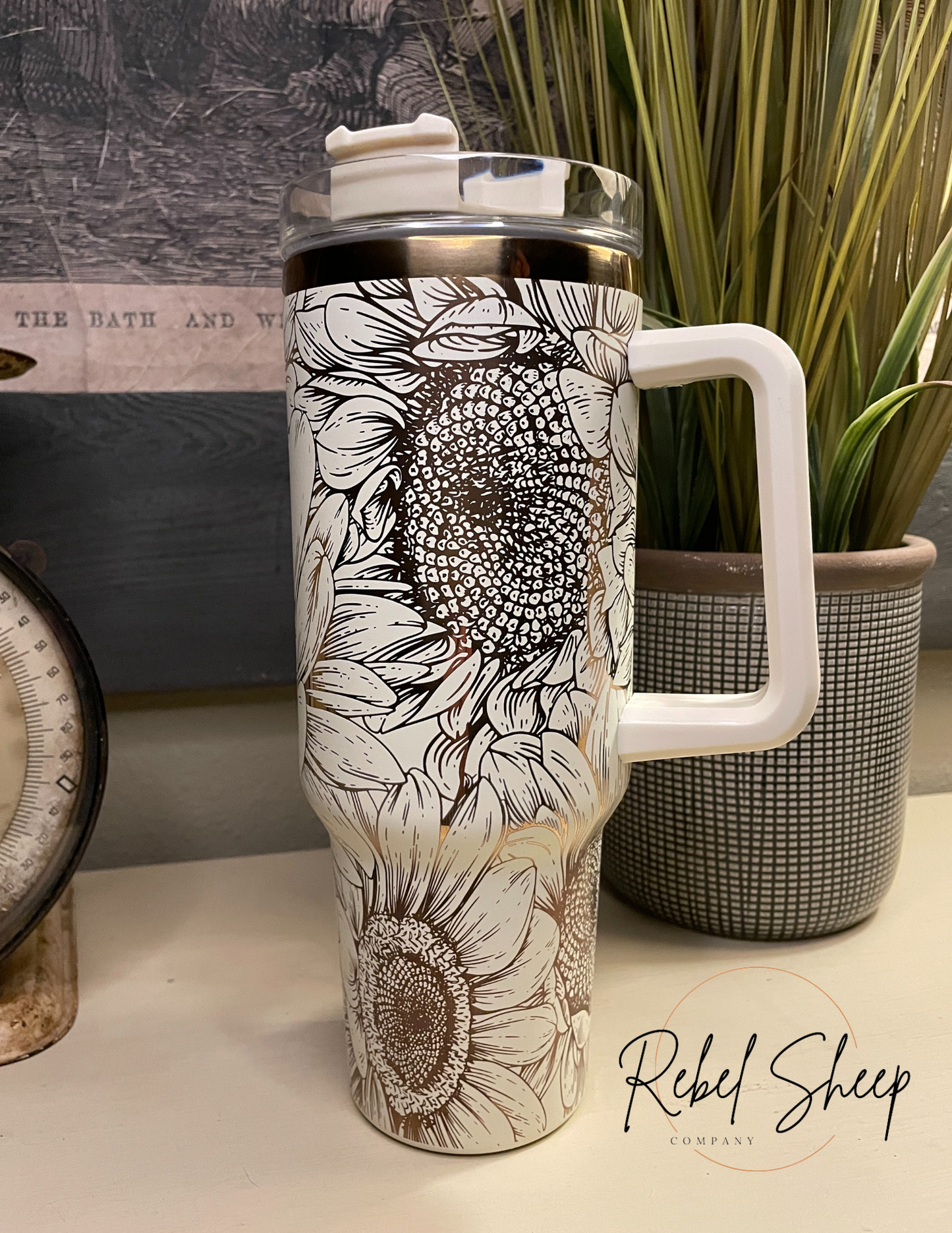 40 oz. Tumbler with Handle Laser Engraved with Sunflowers