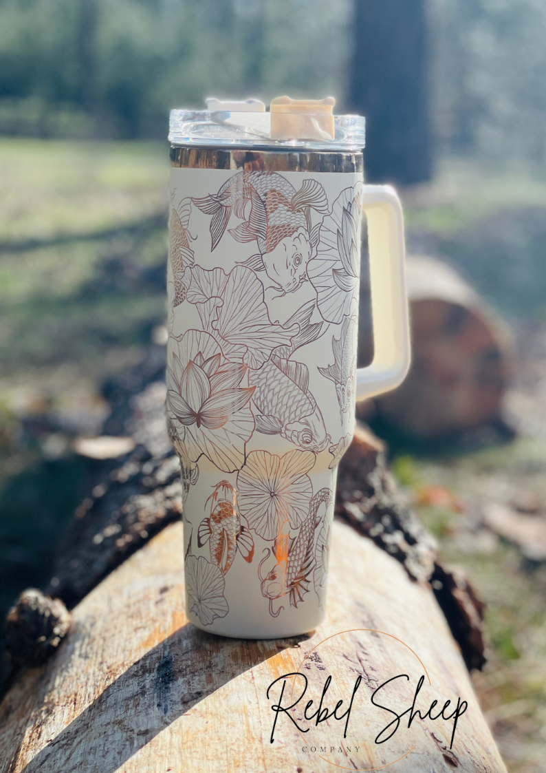 40 oz. Copper/Cream Tumbler with Handle Laser Engraved with Koi Fish