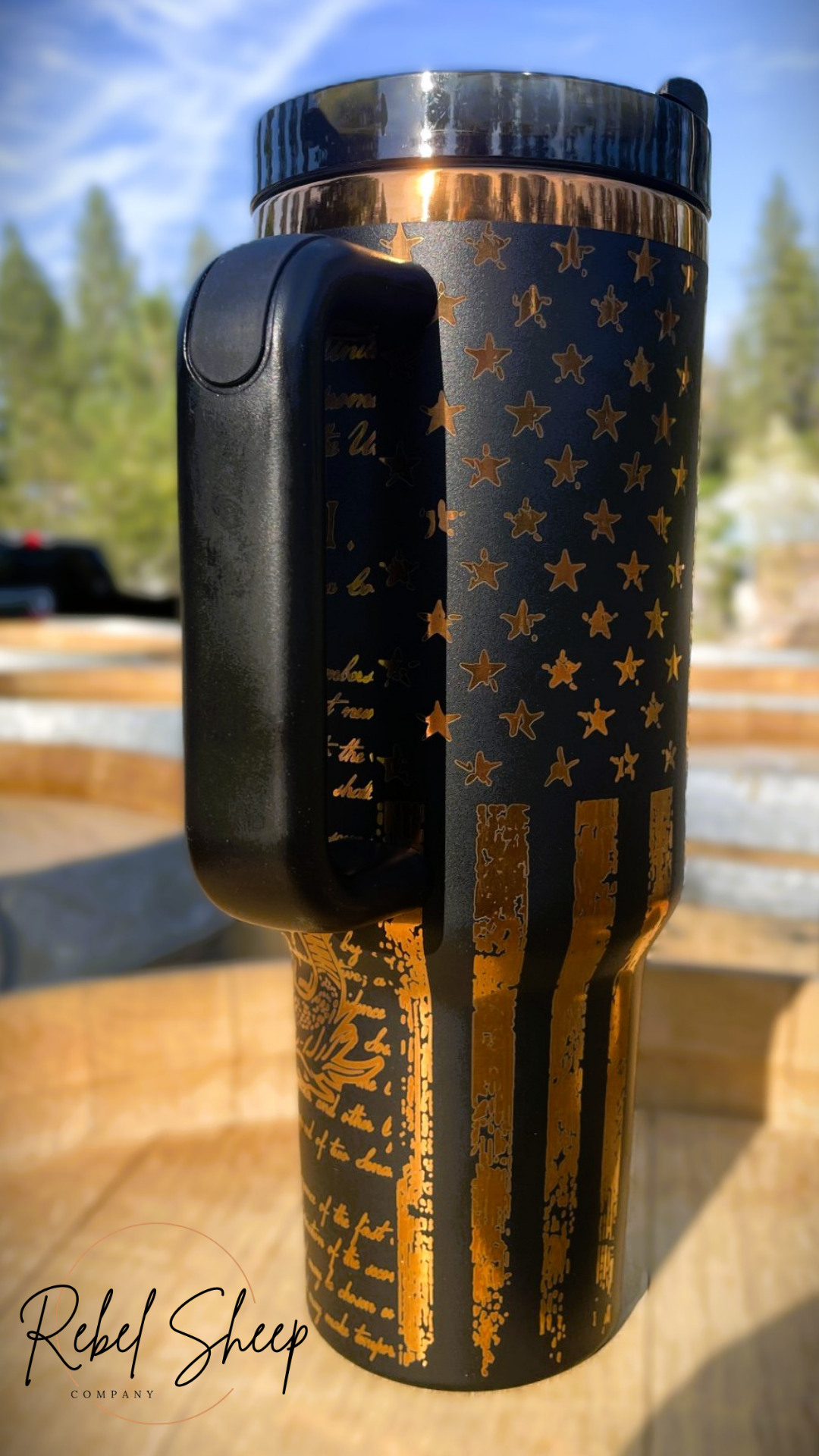 40 oz "Don't Tread on Me" Patriotic Stanley Style Tumbler - Black on Gold Laser Engraved