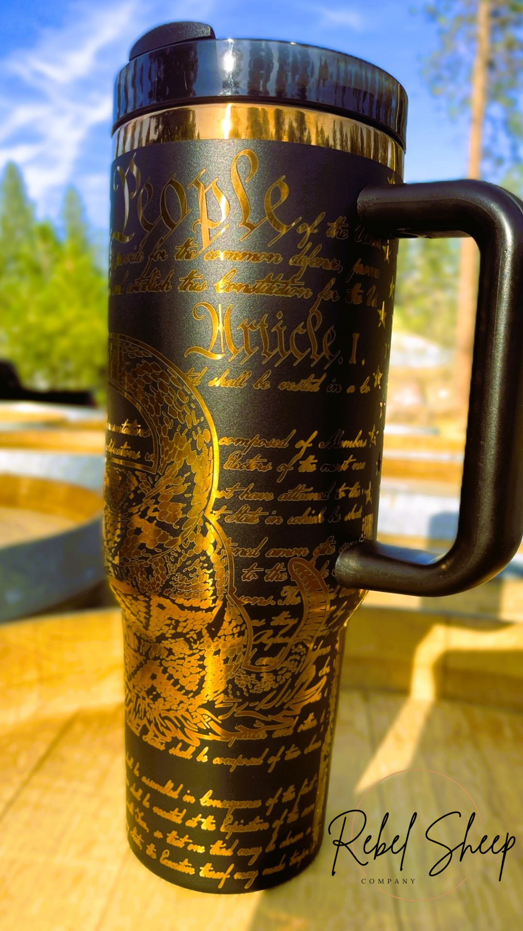 40 oz "Don't Tread on Me" Patriotic Stanley Style Tumbler - Black on Gold Laser Engraved
