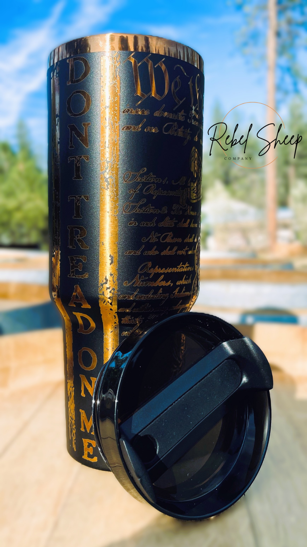 40 oz "Don't Tread on Me" Patriotic Stanley Style Tumbler - Black on Gold Laser Engraved