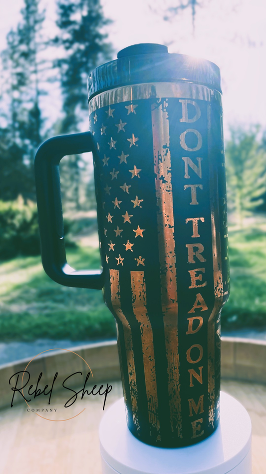 40 oz "Don't Tread on Me" Patriotic Stanley Style Tumbler - Black on Gold Laser Engraved