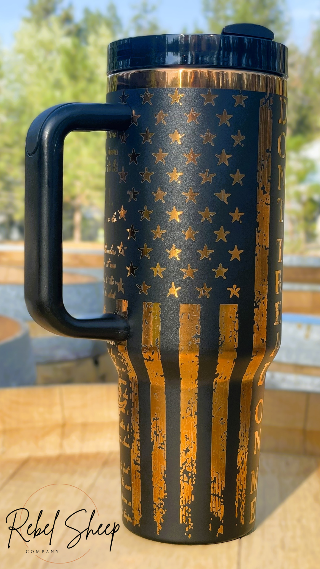 40 oz "Don't Tread on Me" Patriotic Stanley Style Tumbler - Black on Gold Laser Engraved