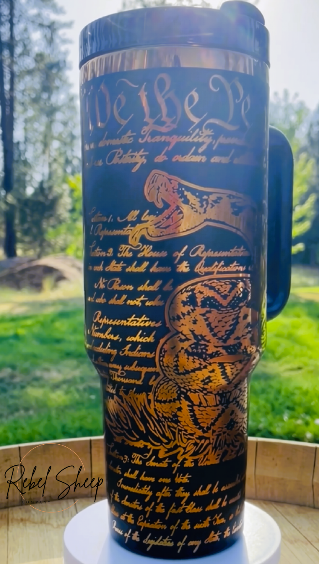 40 oz "Don't Tread on Me" Patriotic Stanley Style Tumbler - Black on Gold Laser Engraved