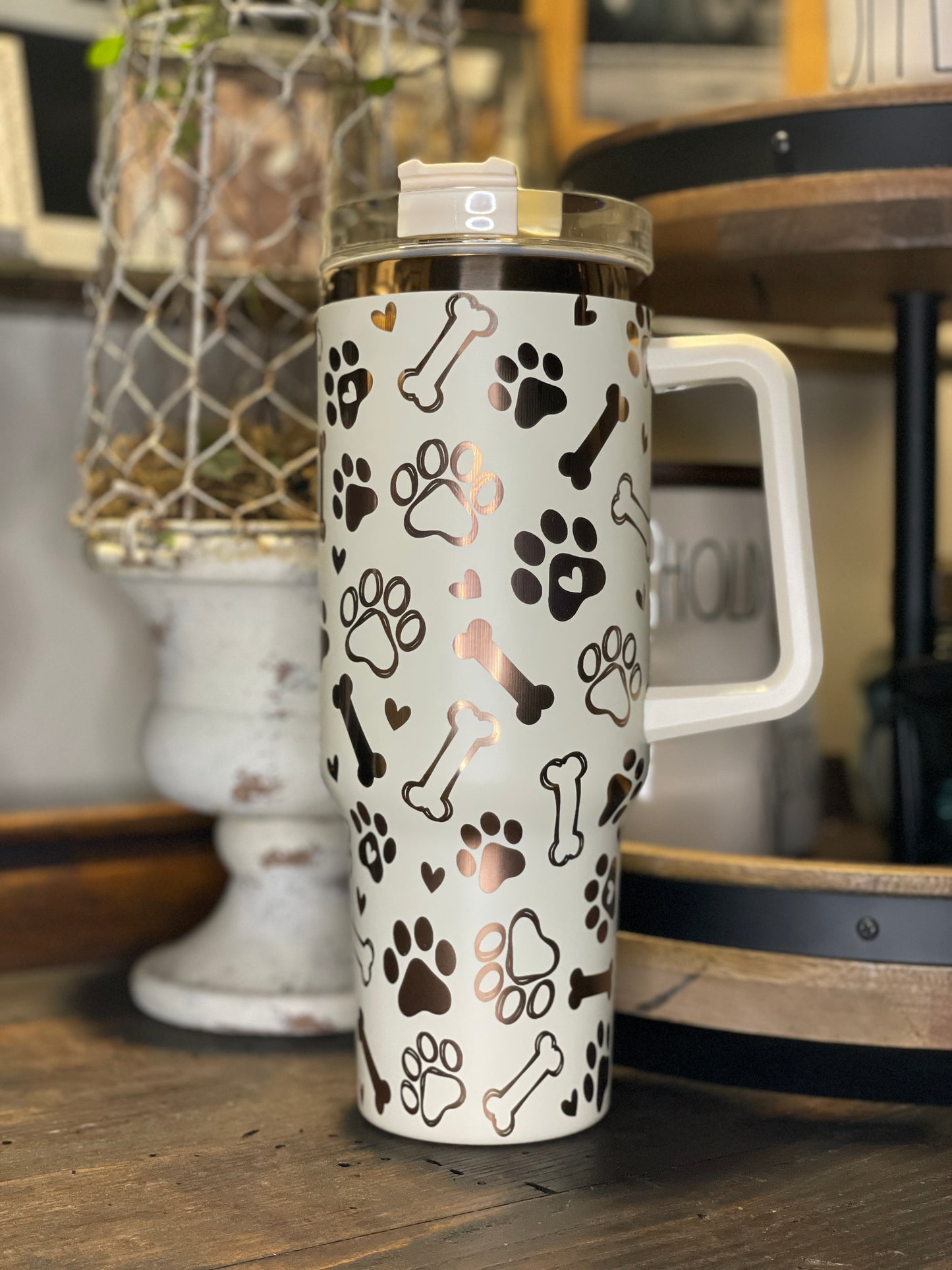 40 oz. Copper/Cream Tumbler | Paw Prints and Bones