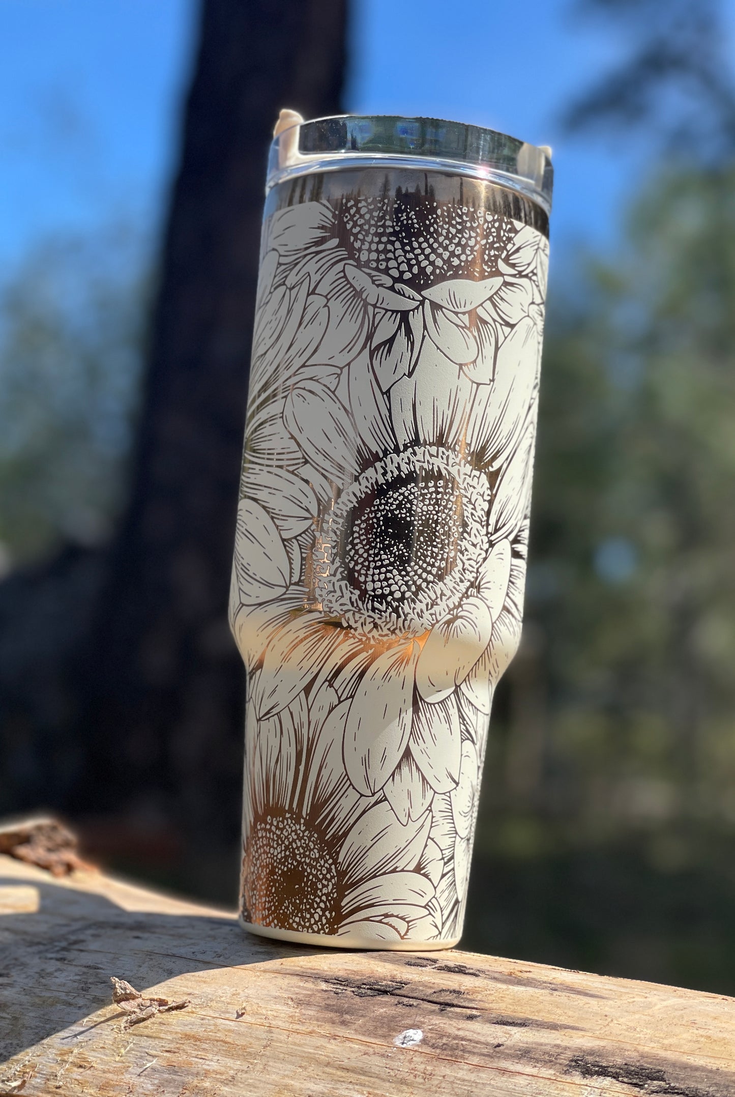 40 oz. Tumbler with Handle Laser Engraved with Sunflowers