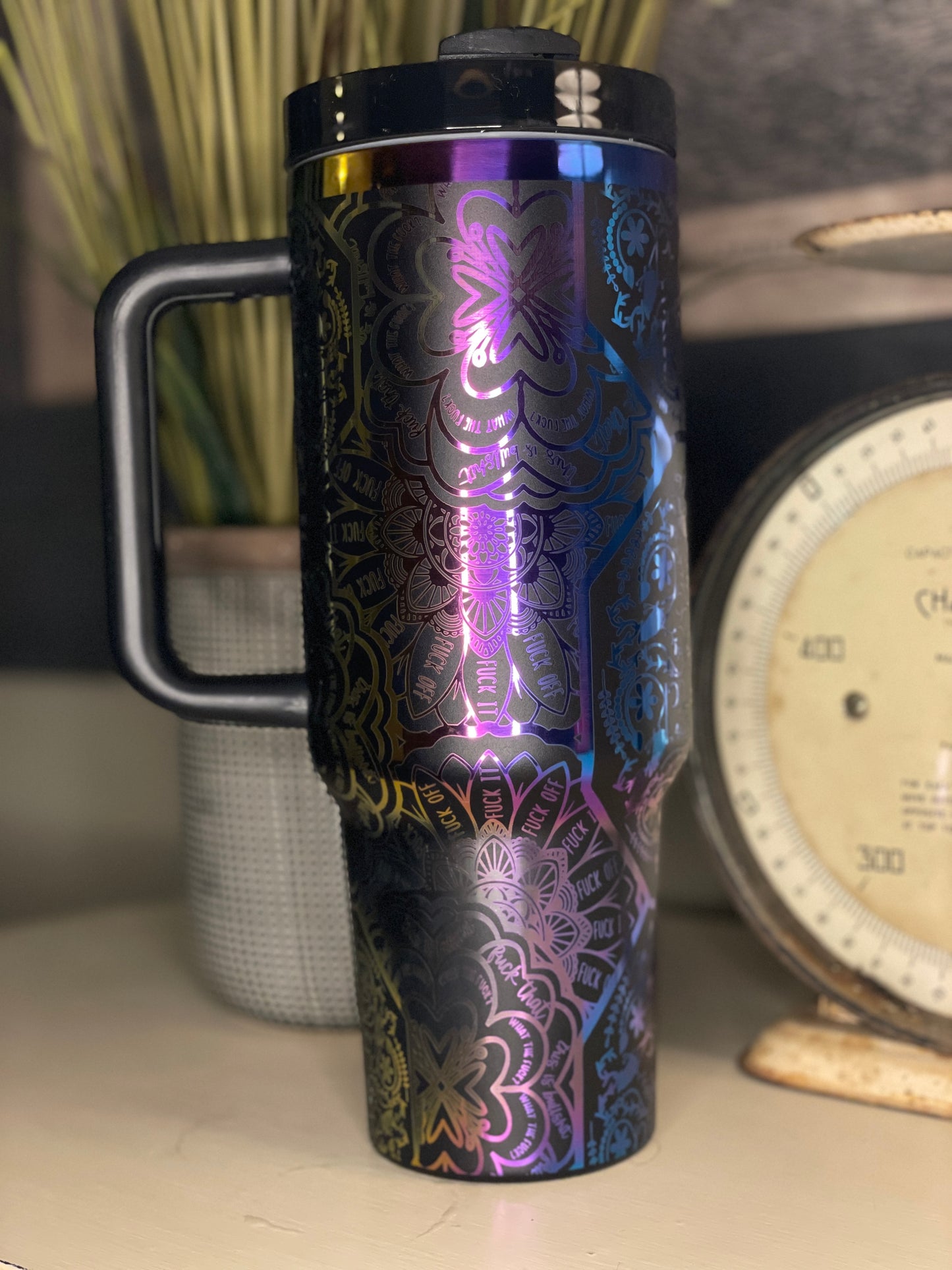 40 oz. Tumbler with Laser Engraved Mandala Cuss Word Black on Rainbow
