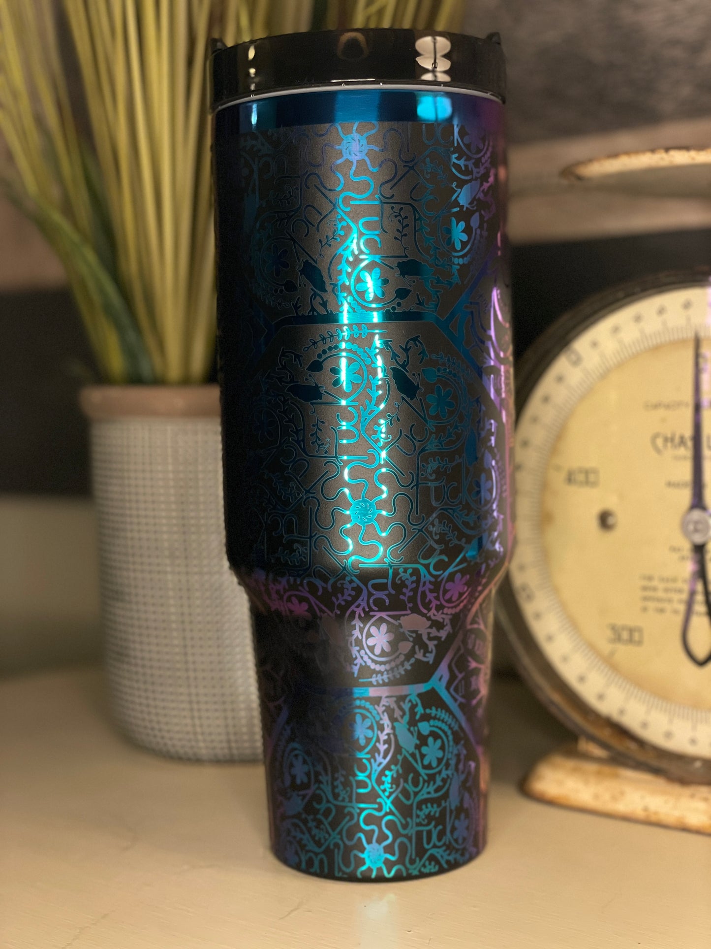 40 oz. Tumbler with Laser Engraved Mandala Cuss Word Black on Rainbow