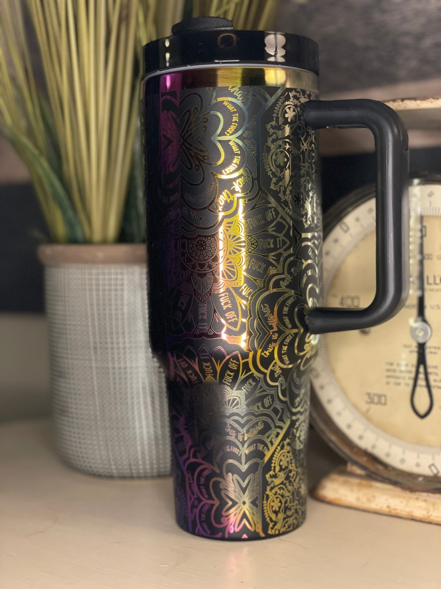 40 oz. Tumbler with Laser Engraved Mandala Cuss Word Black on Rainbow