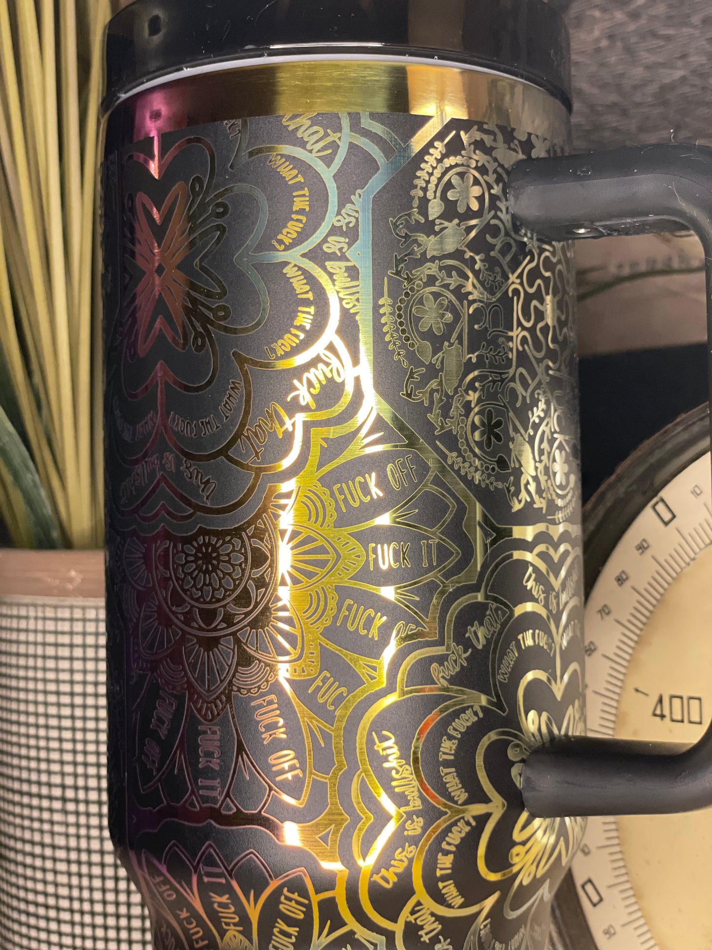 40 oz. Tumbler with Laser Engraved Mandala Cuss Word Black on Rainbow