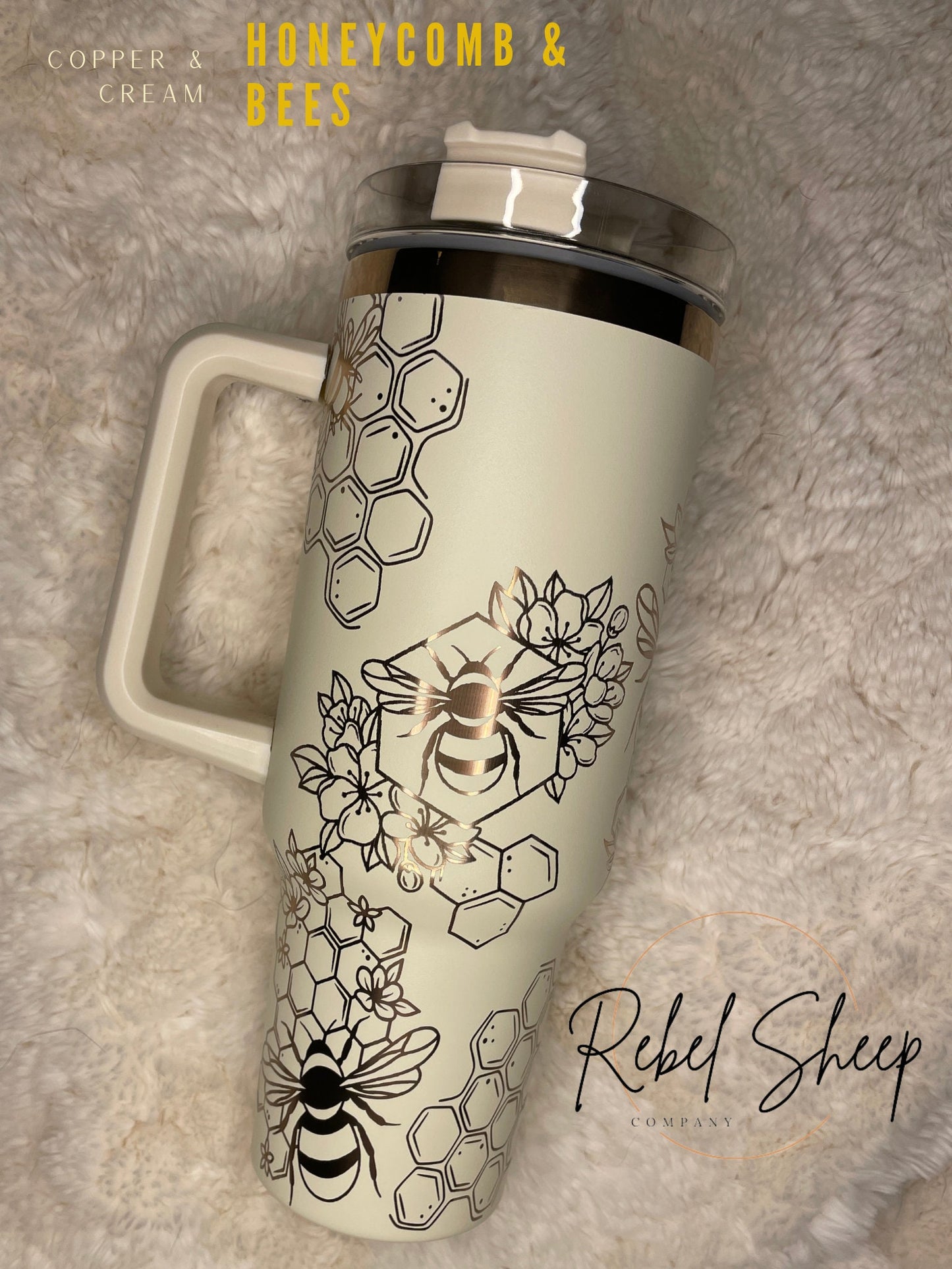 40 oz. Copper/Cream Tumbler with Handle Laser Engraved with Honeycomb & Bees
