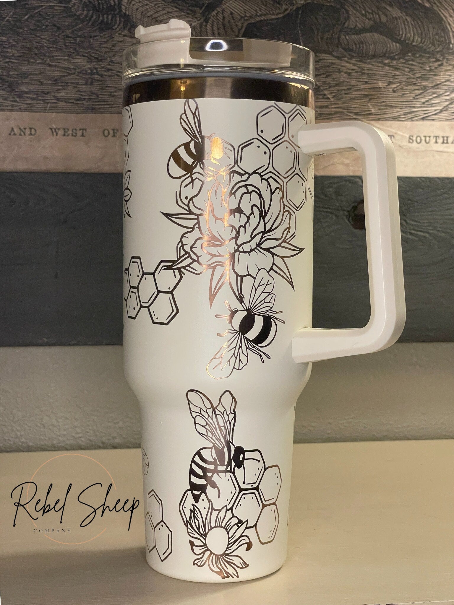 40 oz. Copper/Cream Tumbler with Handle Laser Engraved with Honeycomb & Bees
