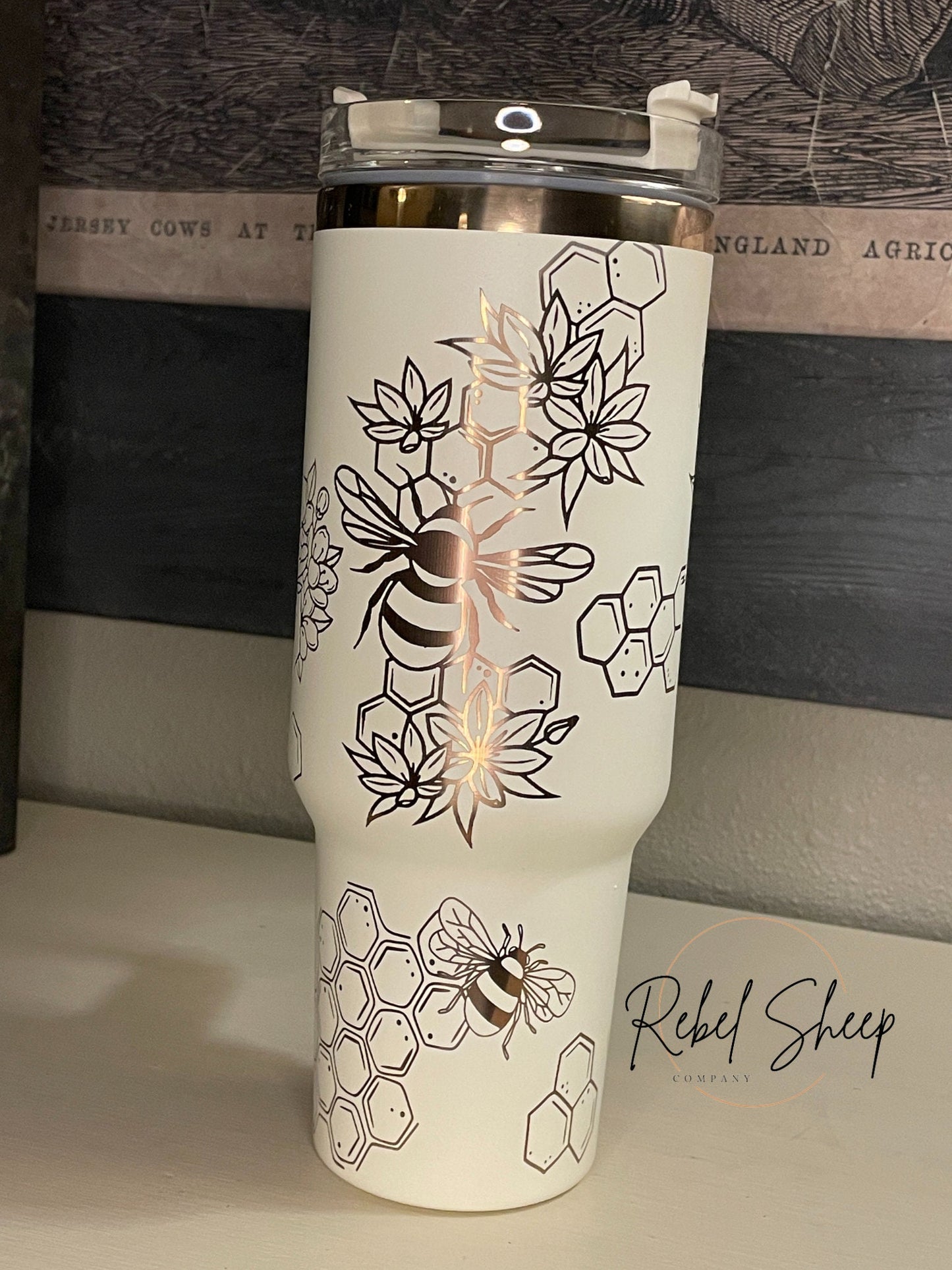 40 oz. Copper/Cream Tumbler with Handle Laser Engraved with Honeycomb & Bees