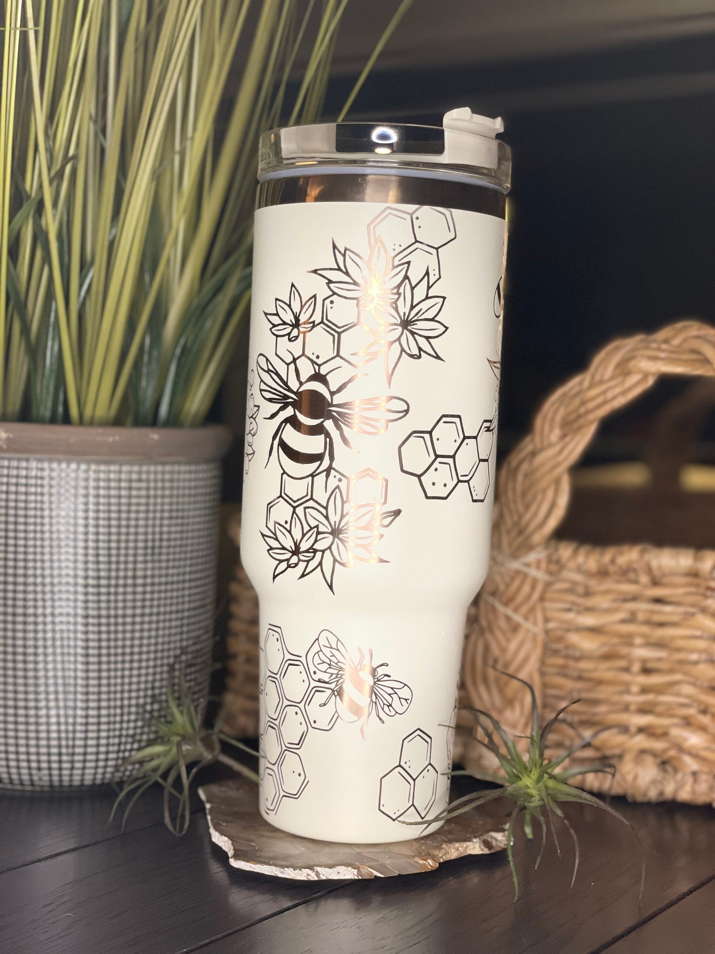 40 oz. Copper/Cream Tumbler with Handle Laser Engraved with Honeycomb & Bees