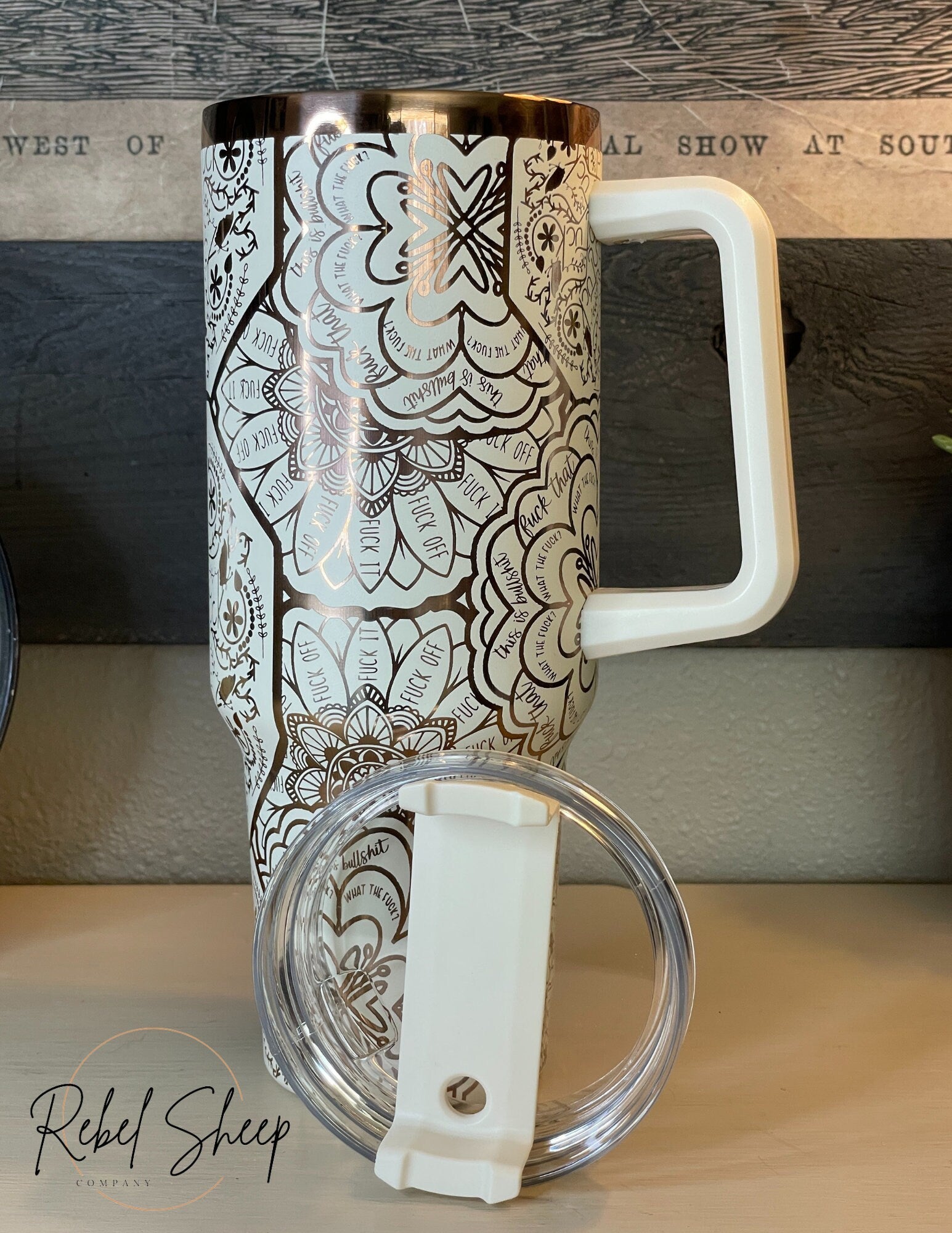 40 oz. Copper/Cream Tumbler with Handle Laser Engraved Mandala Cuss Word