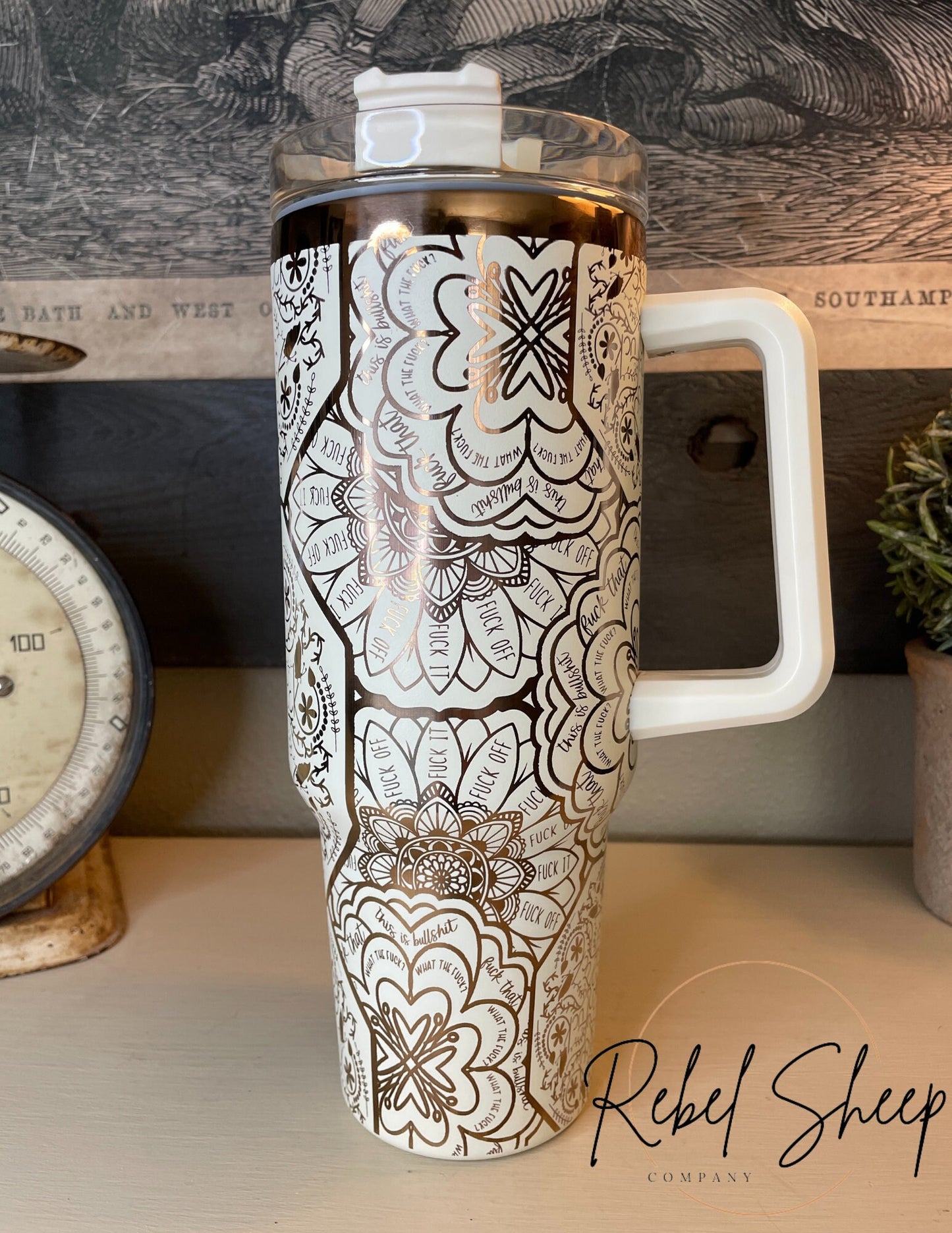 40 oz. Copper/Cream Tumbler with Handle Laser Engraved Mandala Cuss Word
