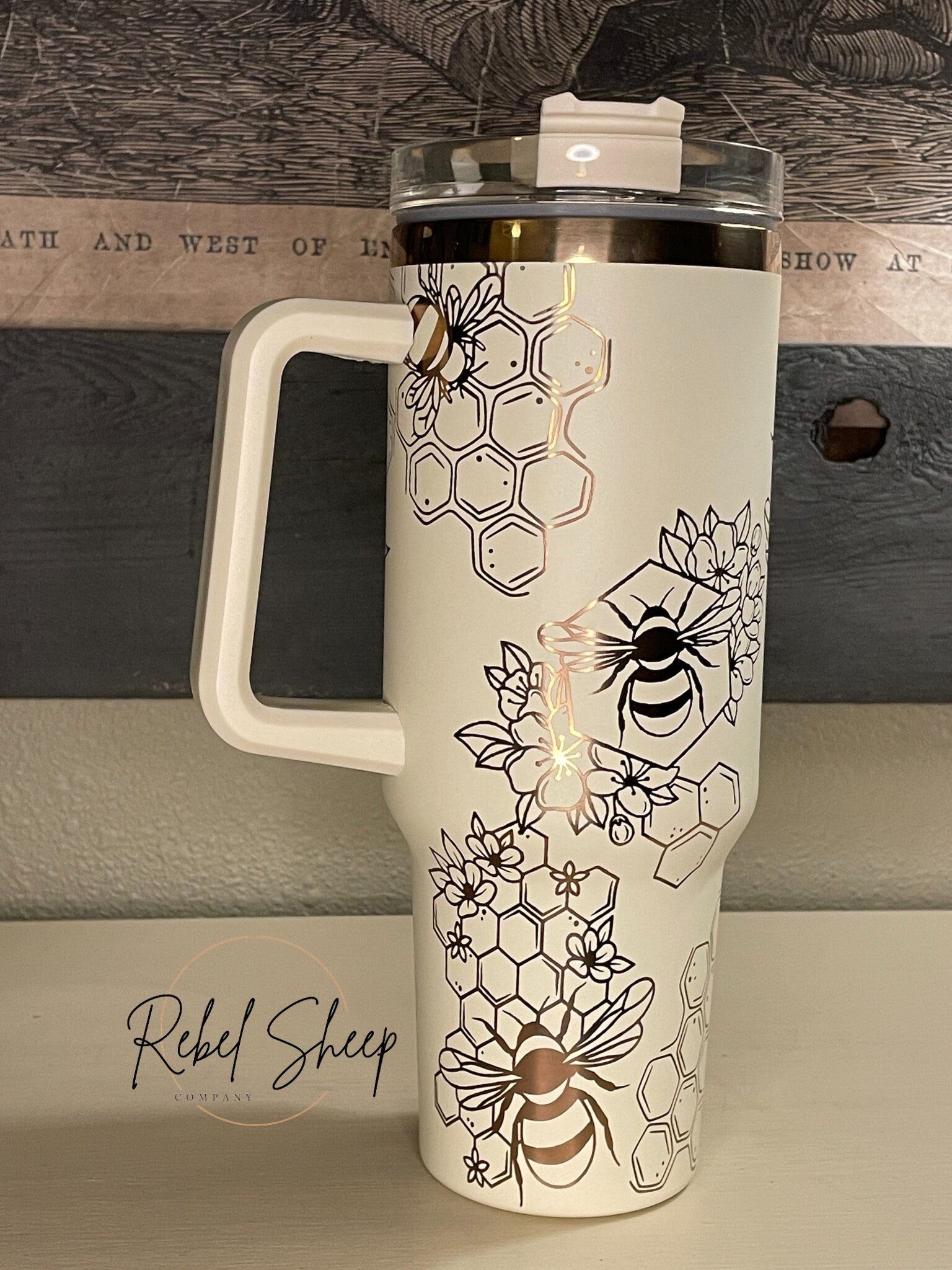 40 oz. Copper/Cream Tumbler with Handle Laser Engraved with Honeycomb & Bees