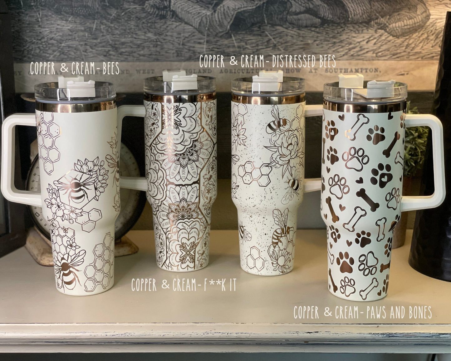 40 oz. Copper/Cream Tumbler with Handle Laser Engraved with Honeycomb & Bees