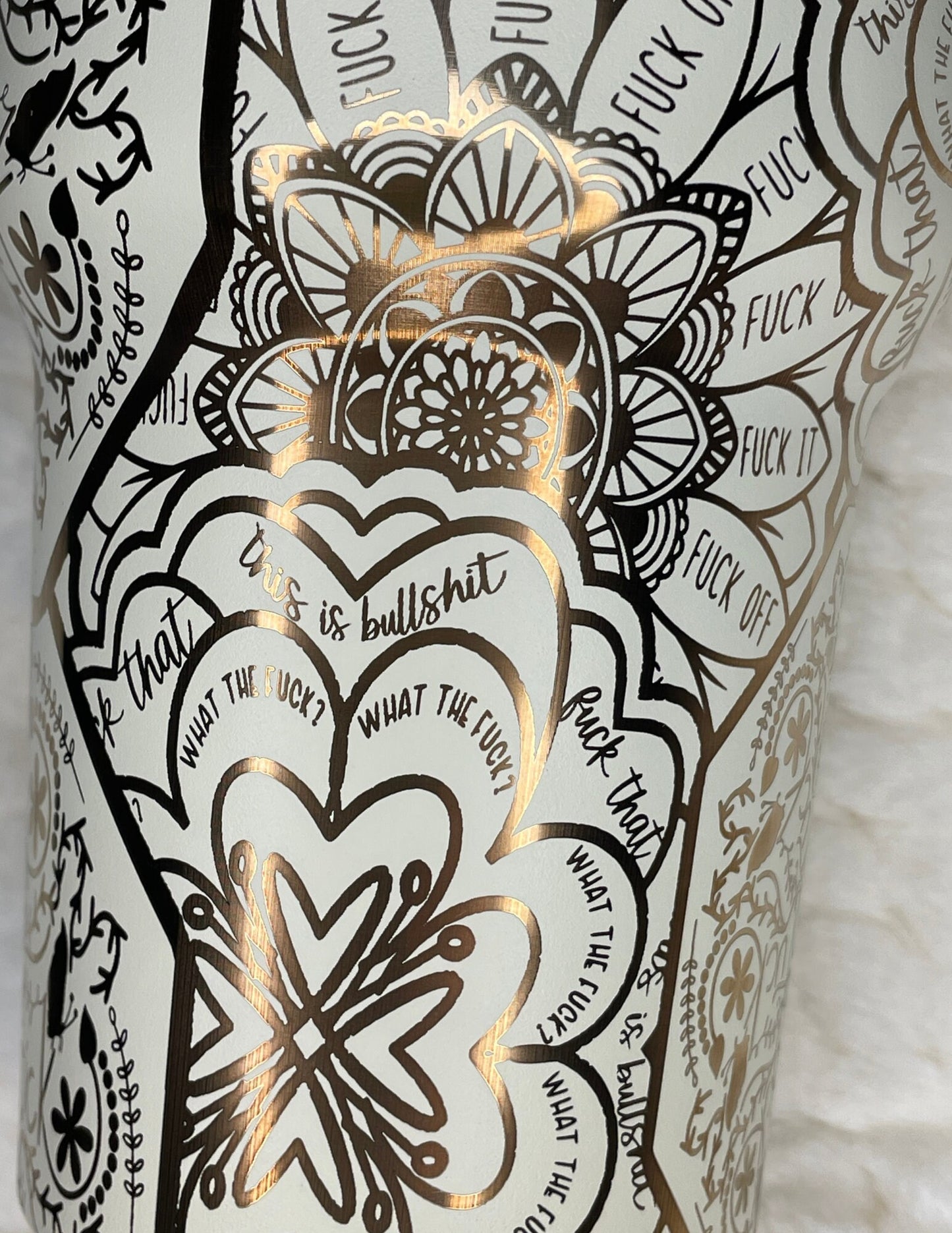 40 oz. Copper/Cream Tumbler with Handle Laser Engraved Mandala Cuss Word