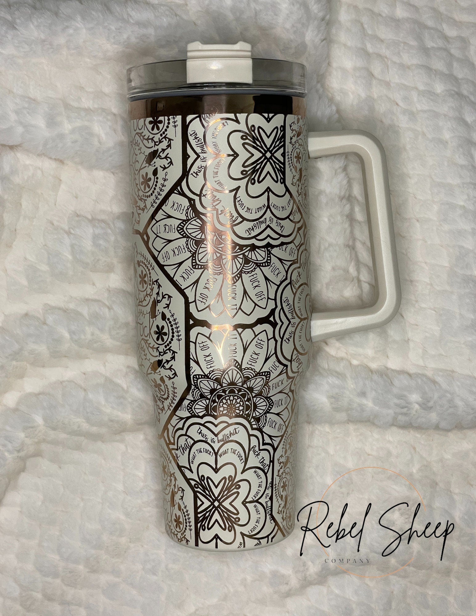 40 oz. Copper/Cream Tumbler with Handle Laser Engraved Mandala Cuss Word