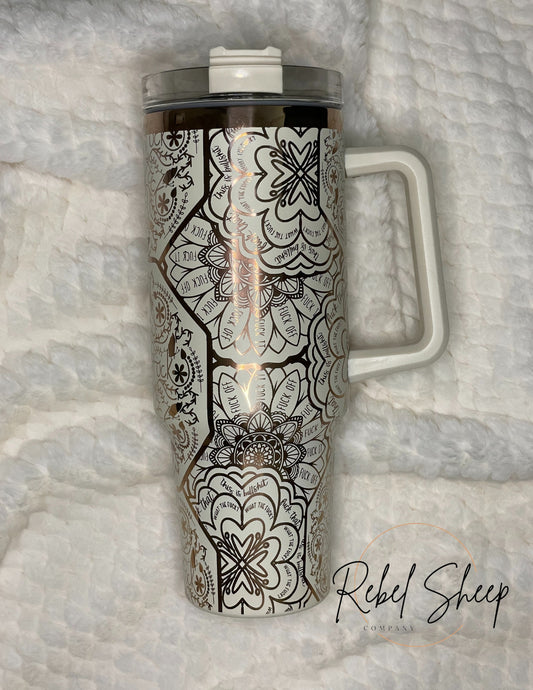 40 oz. Copper/Cream Tumbler with Handle Laser Engraved Mandala Cuss Word