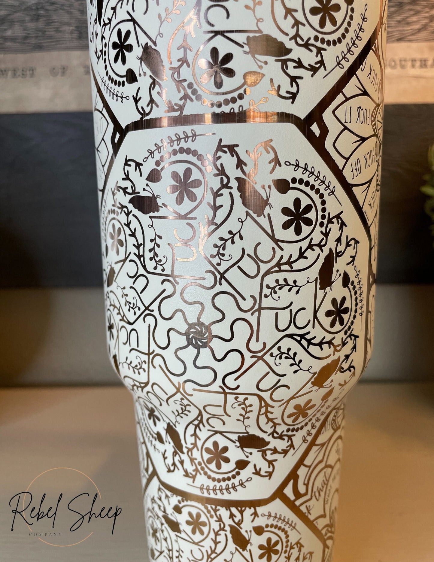 40 oz. Copper/Cream Tumbler with Handle Laser Engraved Mandala Cuss Word