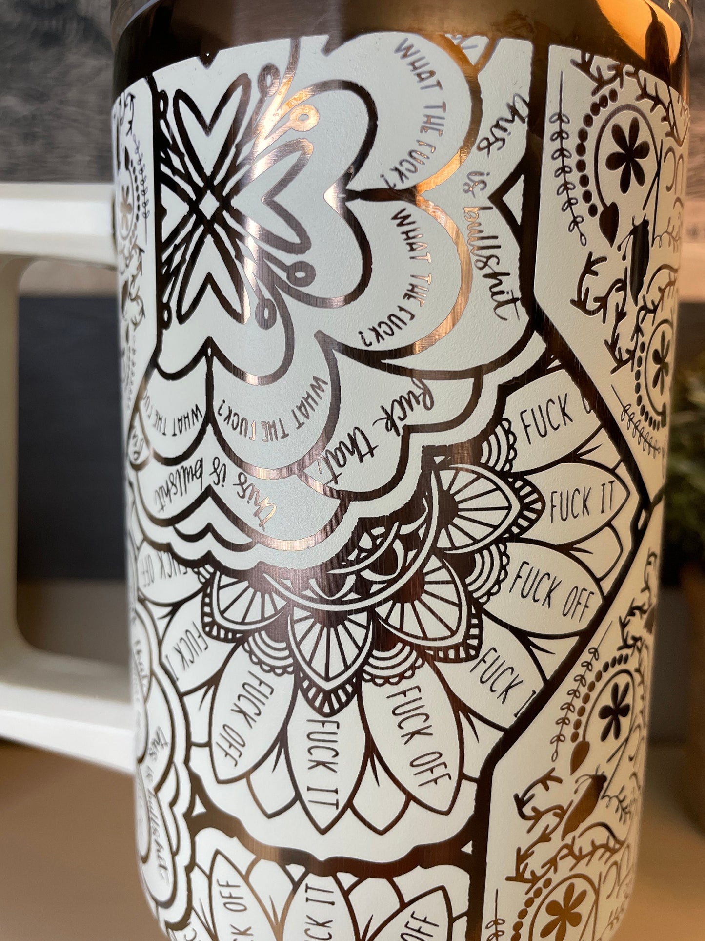 40 oz. Copper/Cream Tumbler with Handle Laser Engraved Mandala Cuss Word