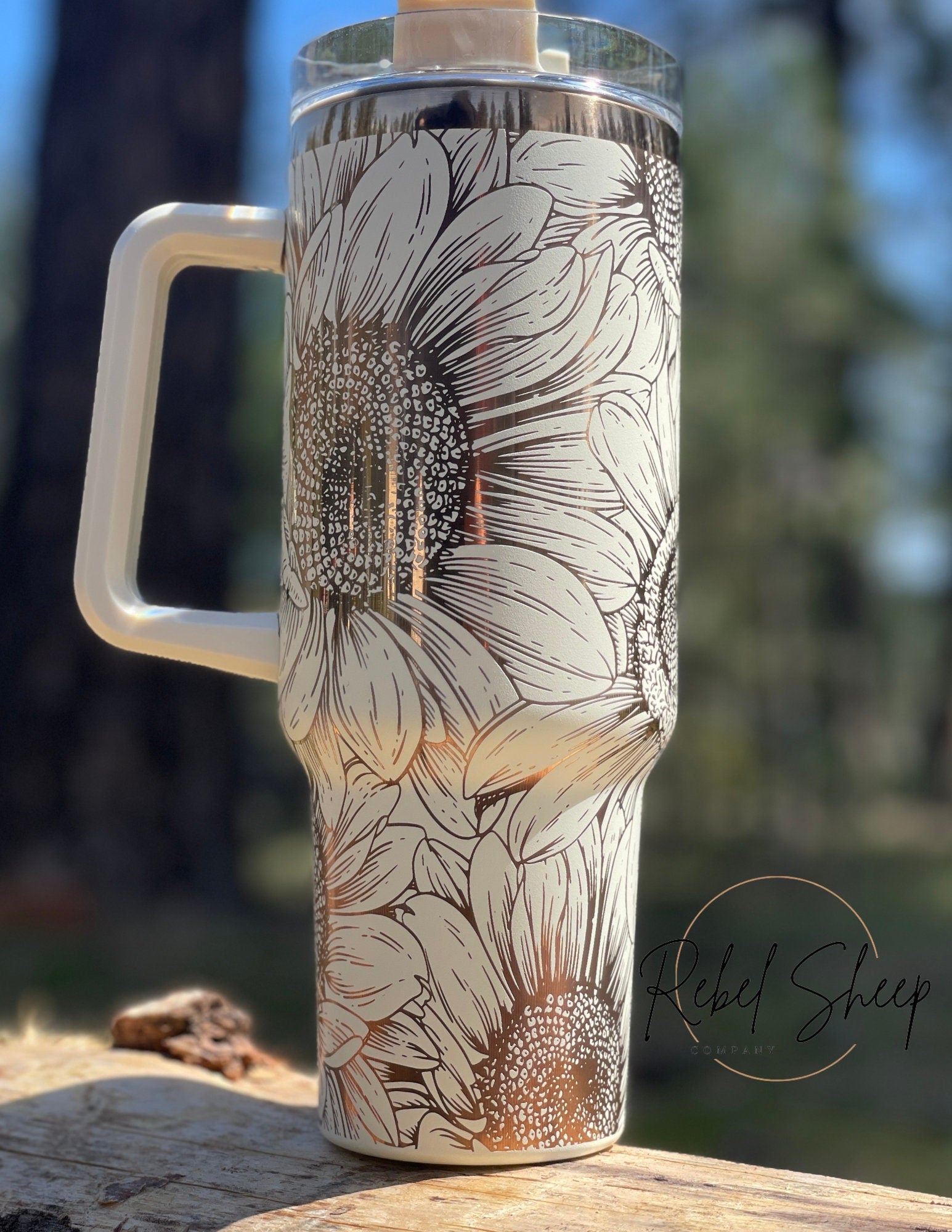40 oz. Copper/Cream Tumbler with Handle Laser Engraved with Sunflowers