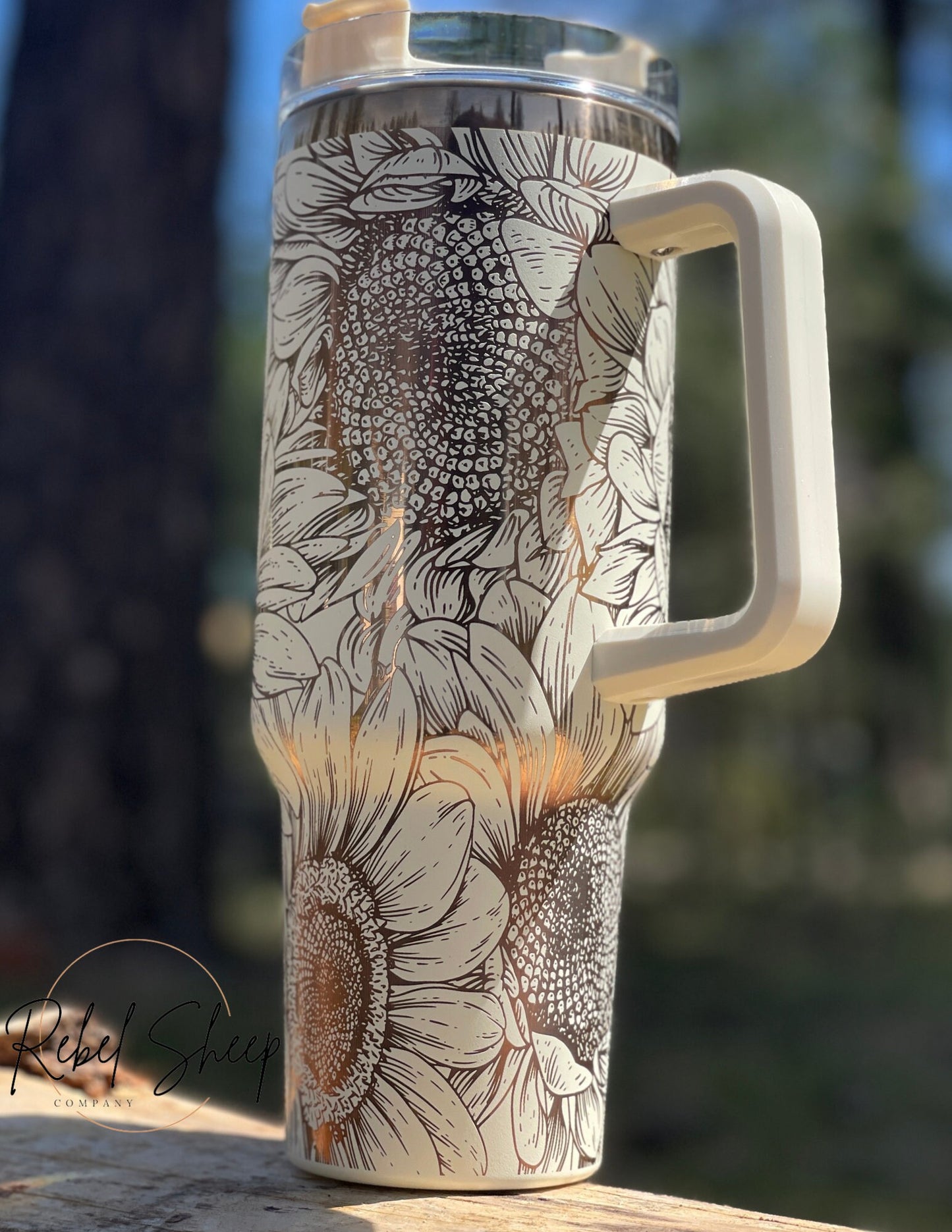 40 oz. Copper/Cream Tumbler with Handle Laser Engraved with Sunflowers