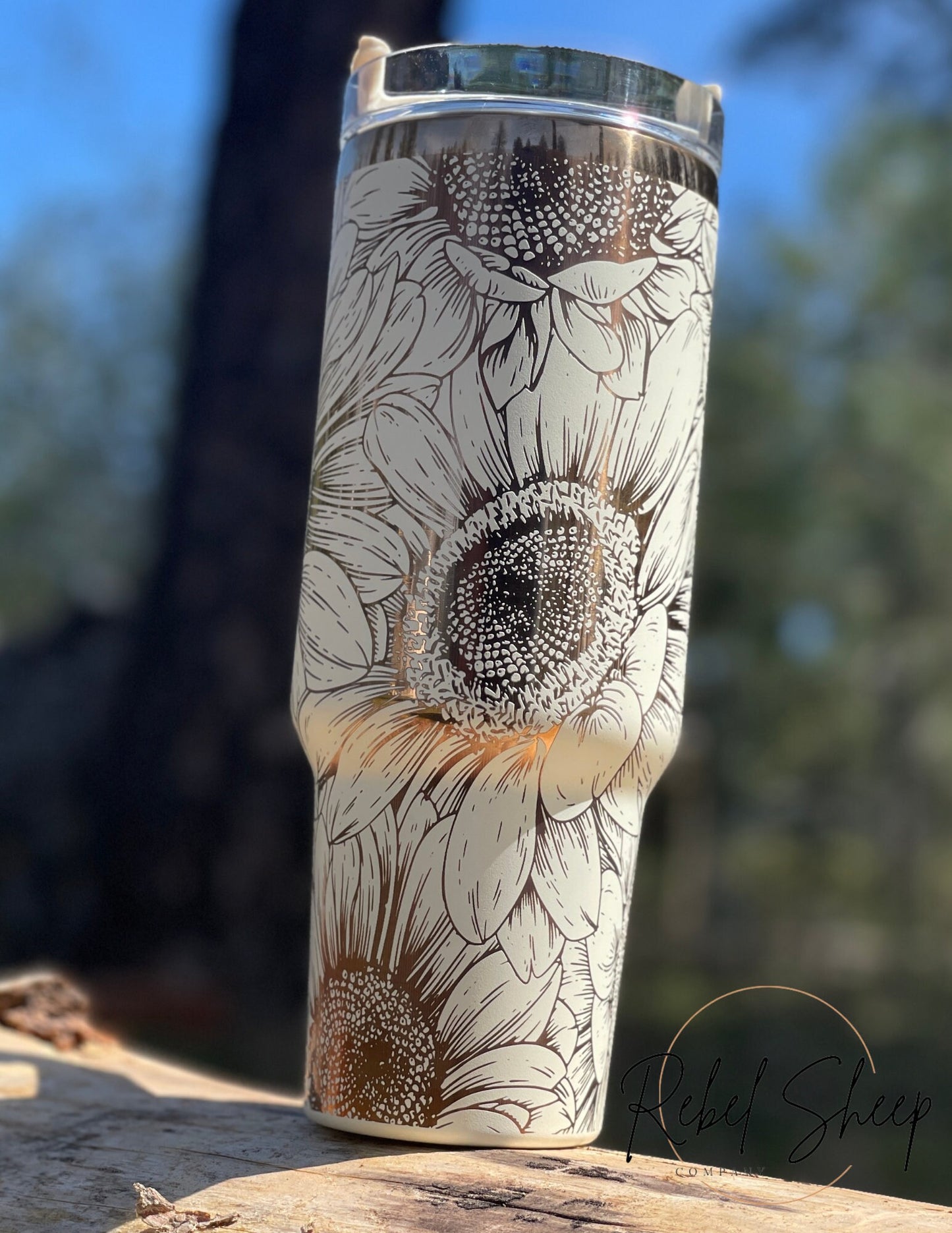 40 oz. Copper/Cream Tumbler with Handle Laser Engraved with Sunflowers