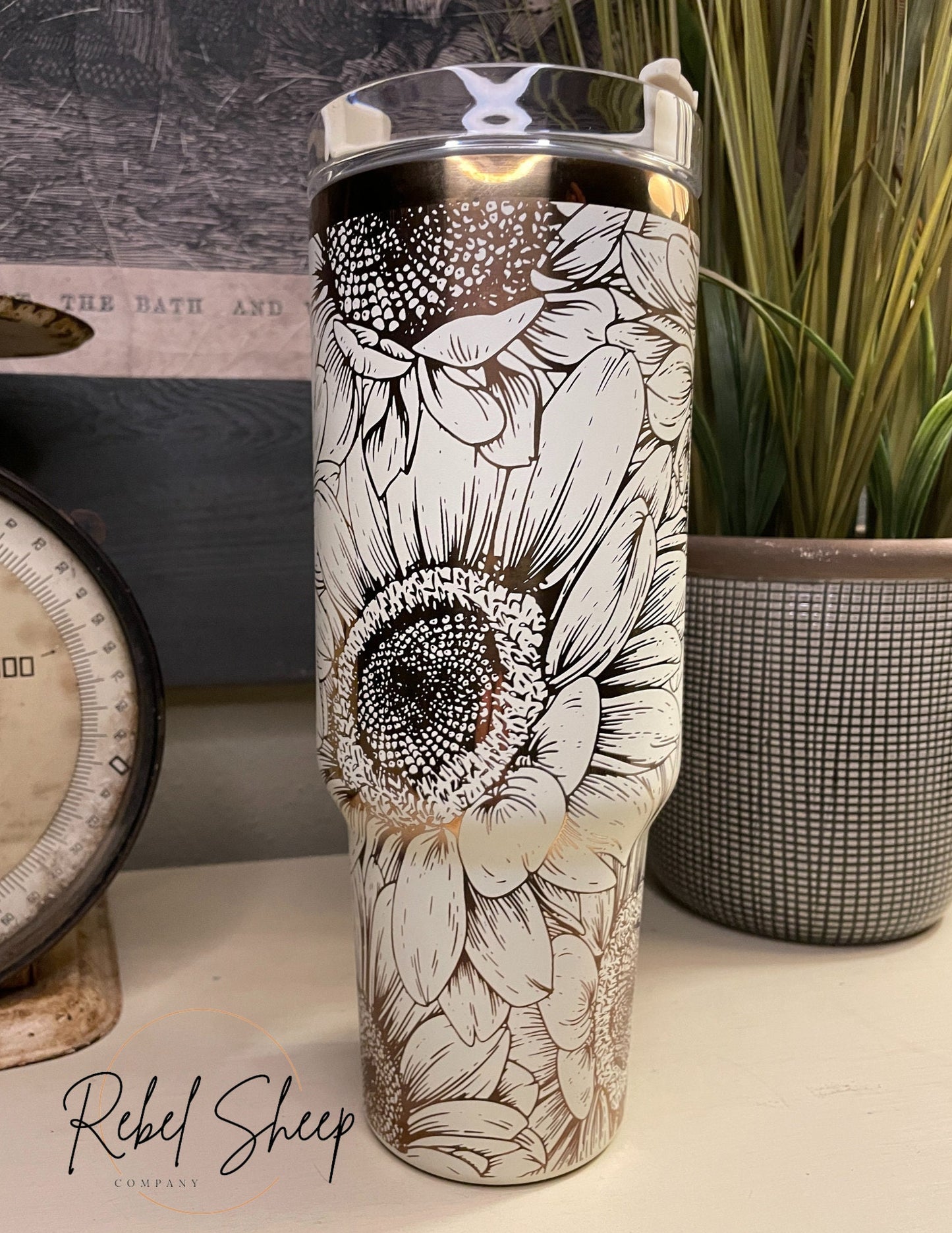 40 oz. Copper/Cream Tumbler with Handle Laser Engraved with Sunflowers